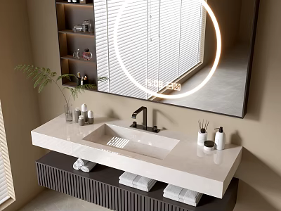 Modern Bathroom Vanity With Backlit Round Mirror Ceramic Sink Towels Toiletries And Decorative Plant 3d model