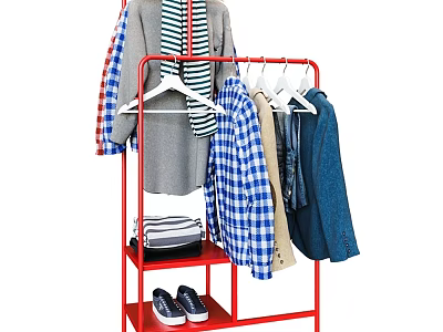 Assorted Clothes on Red Clothing Rack With Plaid Shirts Coat Scarf Striped Items and Shoes 3d model