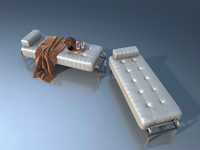 Modern White Leather Benches With Metal Legs And Brown Blanket On Top 3d model