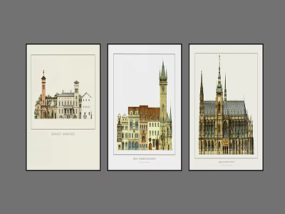 Vintage Architectural Landscape Paintings Featuring Riga Baltic Old Town And Prague Cathedral 3d model