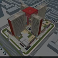 Dark Blue Night Sky Over Urban Street With Tall Buildings Red Decorations And Cylindrical Structures