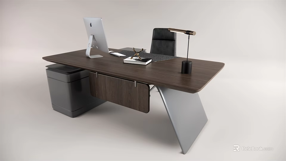 Sleek Modern Wooden Office Desk With iMac Lamp Notebook And Black Chair 3d model 
