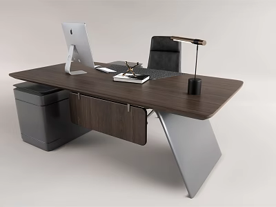 Sleek Modern Wooden Office Desk With iMac Lamp Notebook And Black Chair 3d model