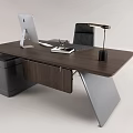Sleek Modern Wooden Office Desk With iMac Lamp Notebook And Black Chair