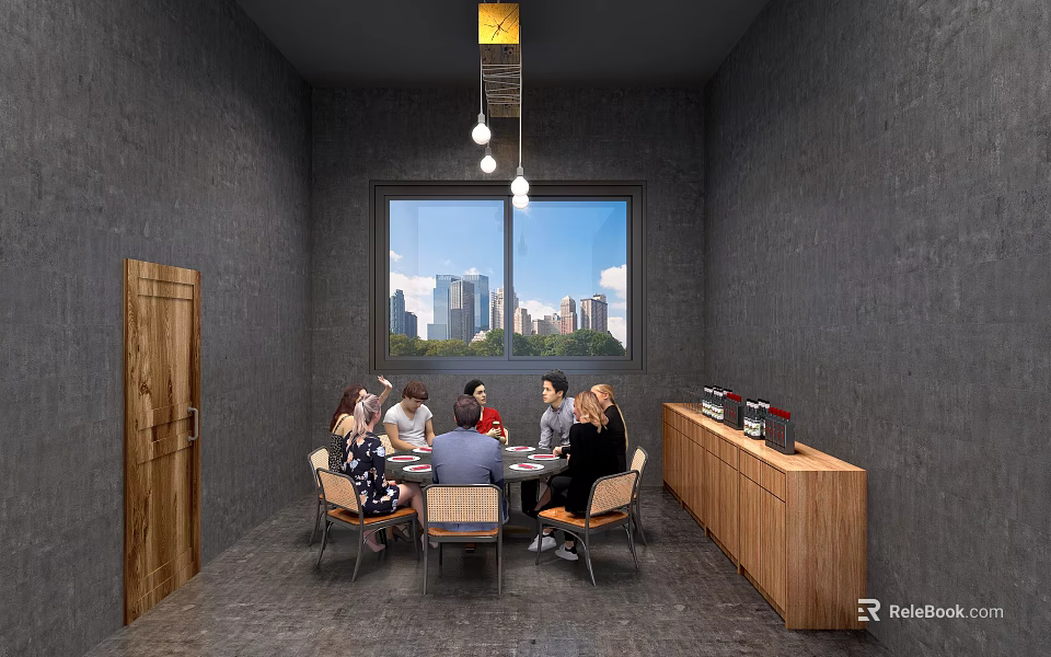 Modern Box Interior With Round Table People City View Pendant Lights And Wooden Cabinet 3d model 