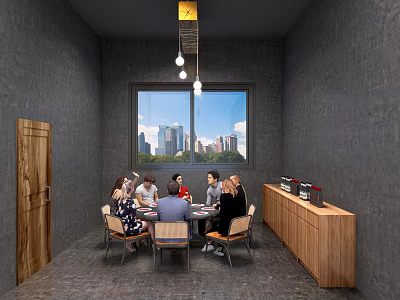 Modern Box Interior With Round Table People City View Pendant Lights And Wooden Cabinet 3d model