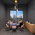 Modern Box Interior With Round Table People City View Pendant Lights And Wooden Cabinet