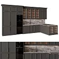 Elegant Modern Kitchen Cabinets With Dark Gray Glass Doors And Marble Countertop