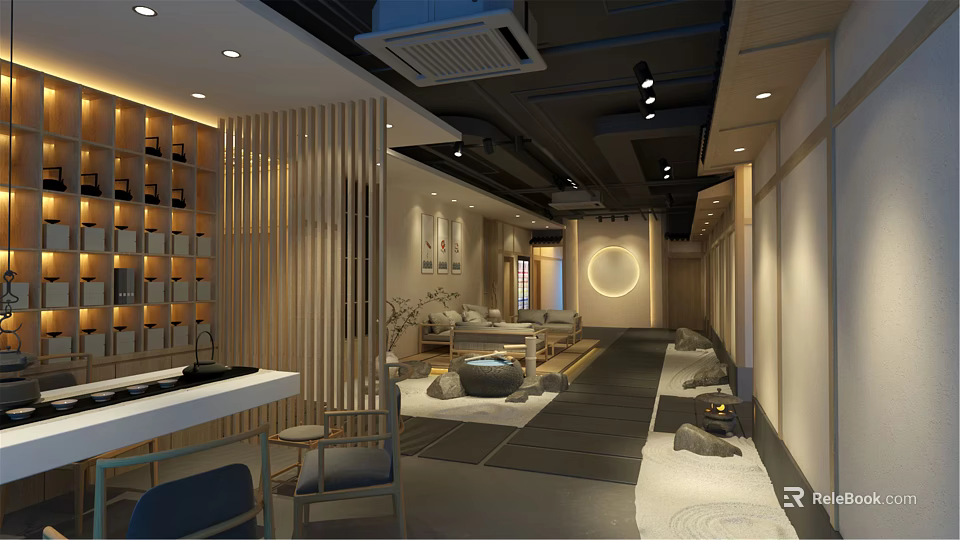 Modern Teahouse Interior With Wooden Screens Tatami Stone Decorations Bookshelves And Chairs 3d model 