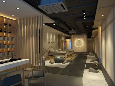 Modern Teahouse Interior With Wooden Screens Tatami Stone Decorations Bookshelves And Chairs 3d model