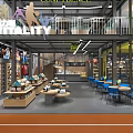 Modern Sports Store Interior With Wooden Walls Round Display Tables Soccer Balls And Folded Clothes