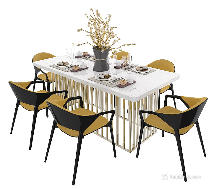 Modern Dining Table Set With White Marble Top Black Yellow Chairs And Vase 3d model 