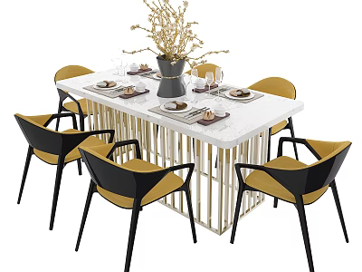 Modern Dining Table Set With White Marble Top Black Yellow Chairs And Vase 3d model