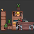 Toy Building Block Room Setup With Bookshelf Table Chairs And Potted Plants