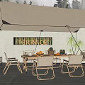 Outdoor Terrace Tent Setup With Wooden Table Chairs Plants And Bamboo Decorations