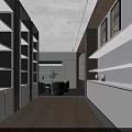 Modern Interior Space With Glass Partitions Display Shelves Green Plants And Wooden Flooring