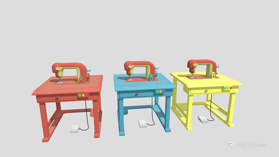 Three Colored Industrial Table Saws Red Blue Yellow With Yellow Saw Heads On Colored Tables 3d model 