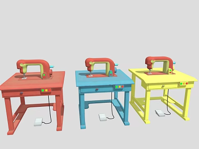 Three Colored Industrial Table Saws Red Blue Yellow With Yellow Saw Heads On Colored Tables 3d model