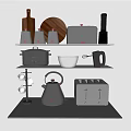 Stylish Black Silver Kitchen Appliances On Shelves With Toaster Blender Kettle And Rice Cooker