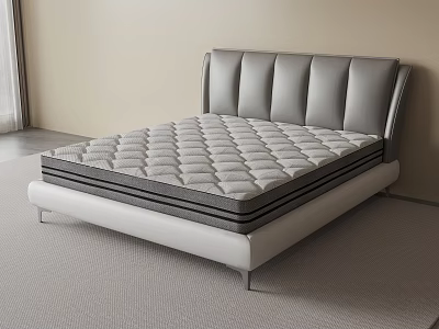 Double Bed With Quilted Mattress Gray Upholstered Headboard White Frame Modern Design 3d model
