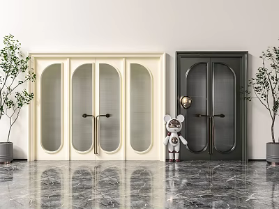 Cream And Dark Green Double Doors With Arched Glass And Brass Handles In Modern Interior With Marble Floor And Potted Plants 3d model