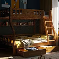 Natural Wooden Twin Bunk Bed With Underbed Storage Drawers And Ladder In Kids Bedroom