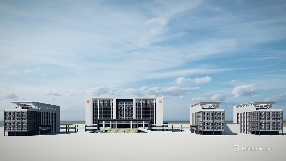 Modern Office Building Complex With Glass Facade Parking Area And Green Space 3d model 