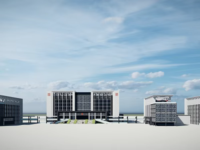 Modern Office Building Complex With Glass Facade Parking Area And Green Space 3d model