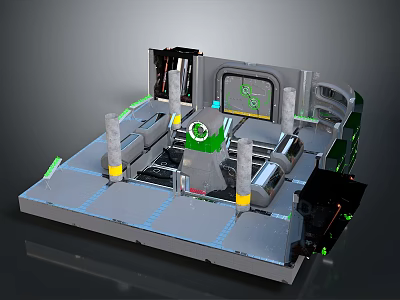 Detailed 3D Model of Industrial Mechanical Structure With Platform Pillars and Green Components 3d model