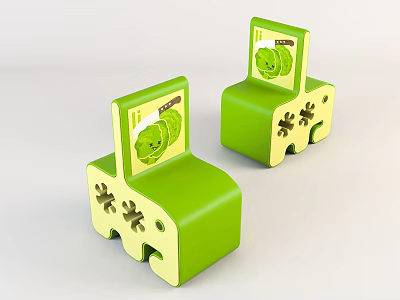 Green And Yellow Elephant Shaped Children's Chairs With Cartoon Vegetable Patterns And Cute Design 3d model