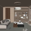 Cozy Living Room Interior With Beige Sofa Bookshelf Chandelier And Large Windows