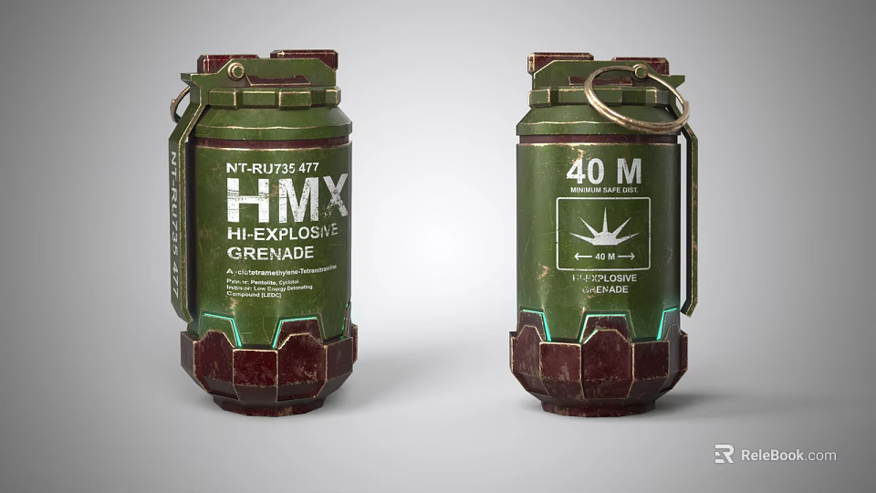 Military Green Grenades With HMX 40 M High Explosive Labels And Red Base 3d model 