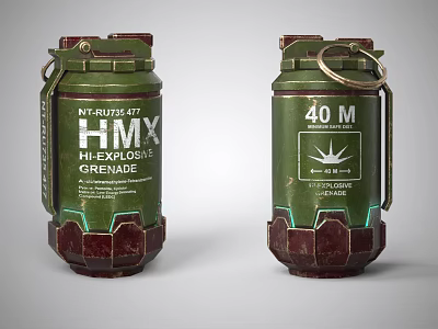 Military Green Grenades With HMX 40 M High Explosive Labels And Red Base 3d model
