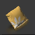 Yellow Decorative Throw Pillow with White Leaf Pattern on Dark Blue Background 3d model