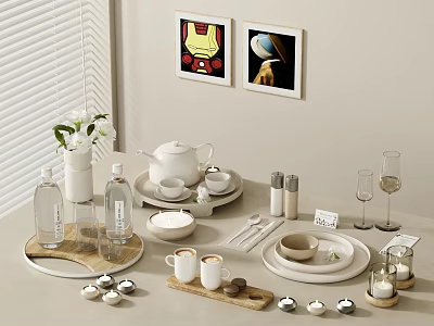 Elegant Decorative Ornament Set With Tea Set Plates Glassware Candles And Wall Art 3d model