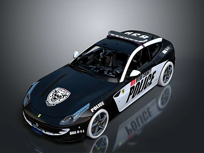 Sporty Black White Police Car With Roof Emergency Lights And Logos 3d model