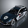 Sporty Black White Police Car With Roof Emergency Lights And Logos