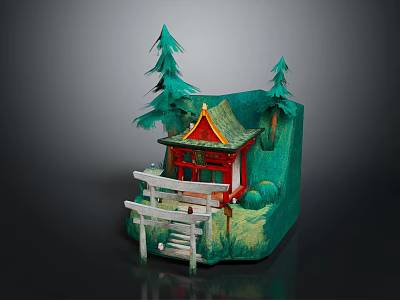Traditional Japanese Shrine Building With Red Roof Torii Gate Green Pine Trees And Stone Steps 3d model