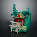 Traditional Japanese Shrine Building With Red Roof Torii Gate Green Pine Trees And Stone Steps