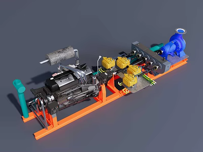 Industrial Equipment Assembly With Engine Blue Pump Yellow Components And Orange Base Frame 3d model