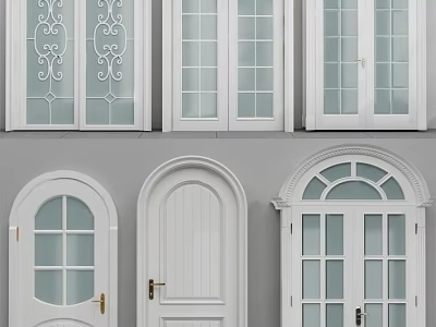 Various Designs of White Double Doors with Glass Panels Arched Tops and Decorative Details 3d model