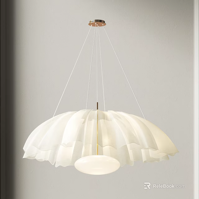 White Pleated Petal Design Chandelier Hanging With Metal Rod On Gray Wall 3d model 
