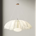 White Pleated Petal Design Chandelier Hanging With Metal Rod On Gray Wall