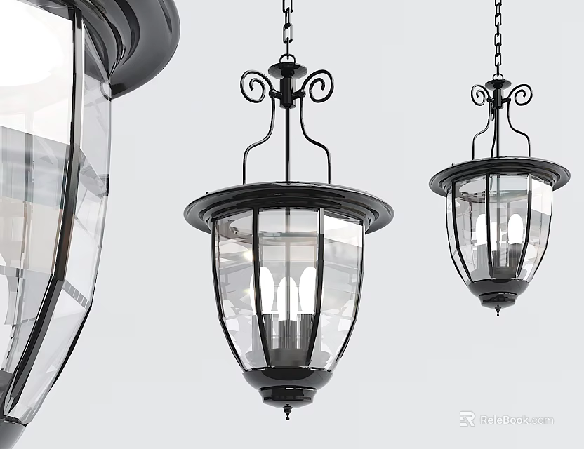 Vintage Style Pendant Lights With Black Metal Frame And Transparent Glass Shade 3d model 