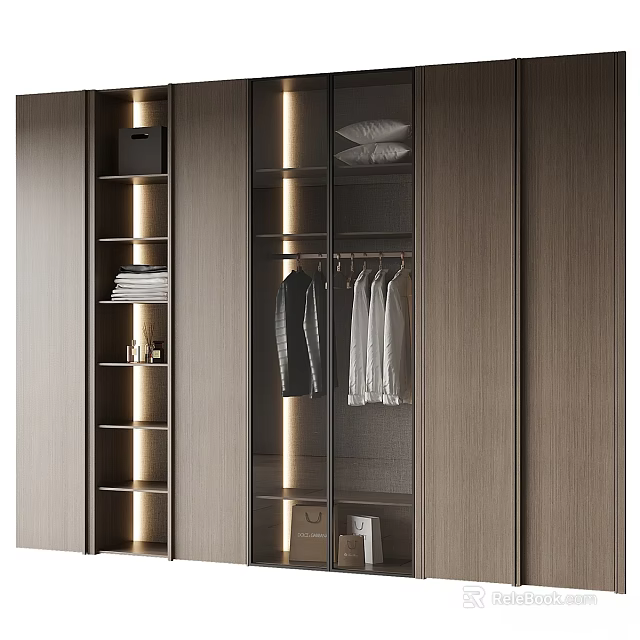 Modern Wooden Chest of Drawers with Glass Doors Hanging Area Shelves and LED Lighting 3d model 