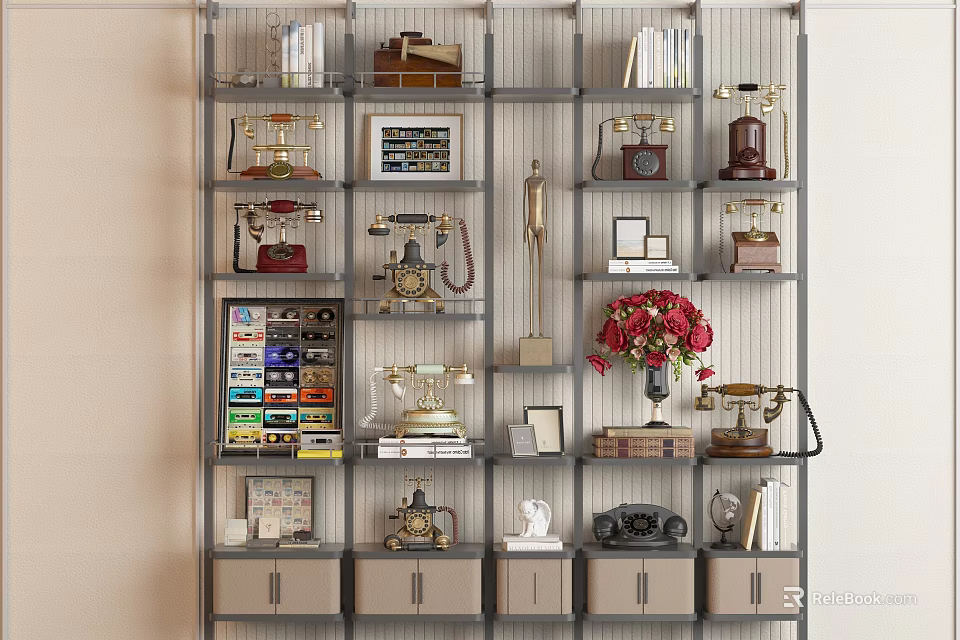 Modern Decorative Cabinet With Vintage Telephones Books Photo Frames And Red Flowers 3d model 