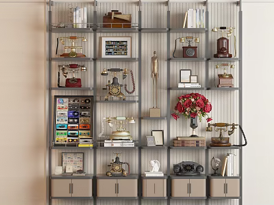 Modern Decorative Cabinet With Vintage Telephones Books Photo Frames And Red Flowers 3d model