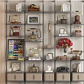 Modern Decorative Cabinet With Vintage Telephones Books Photo Frames And Red Flowers