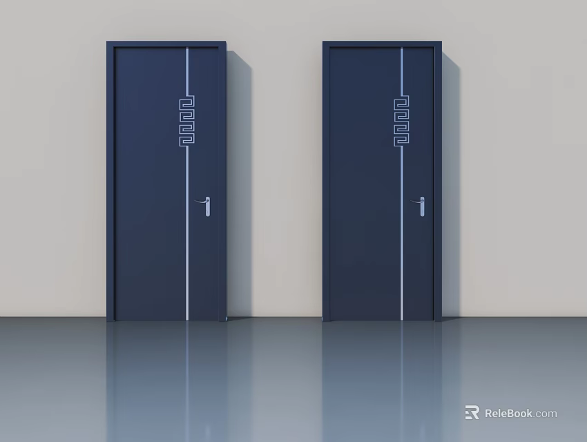 Two Dark Blue Swing Doors With Simple Design Wall Mounted In Modern Interior 3d model