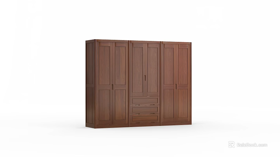Dark Wood Four Door Wardrobe With Central Drawers And Simple Design 3d model 